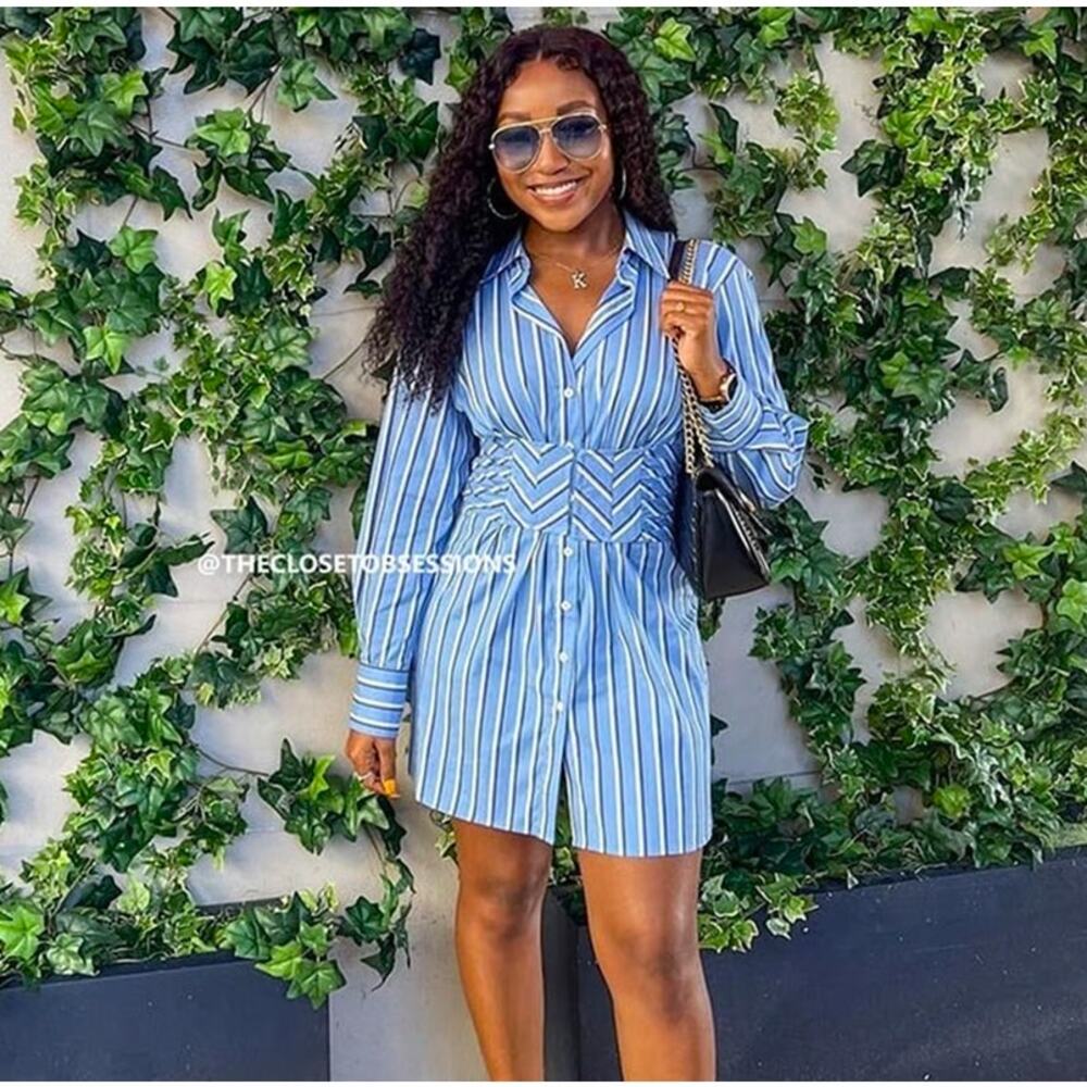 ZARA Corset Waist Striped Shirt Dress NWT